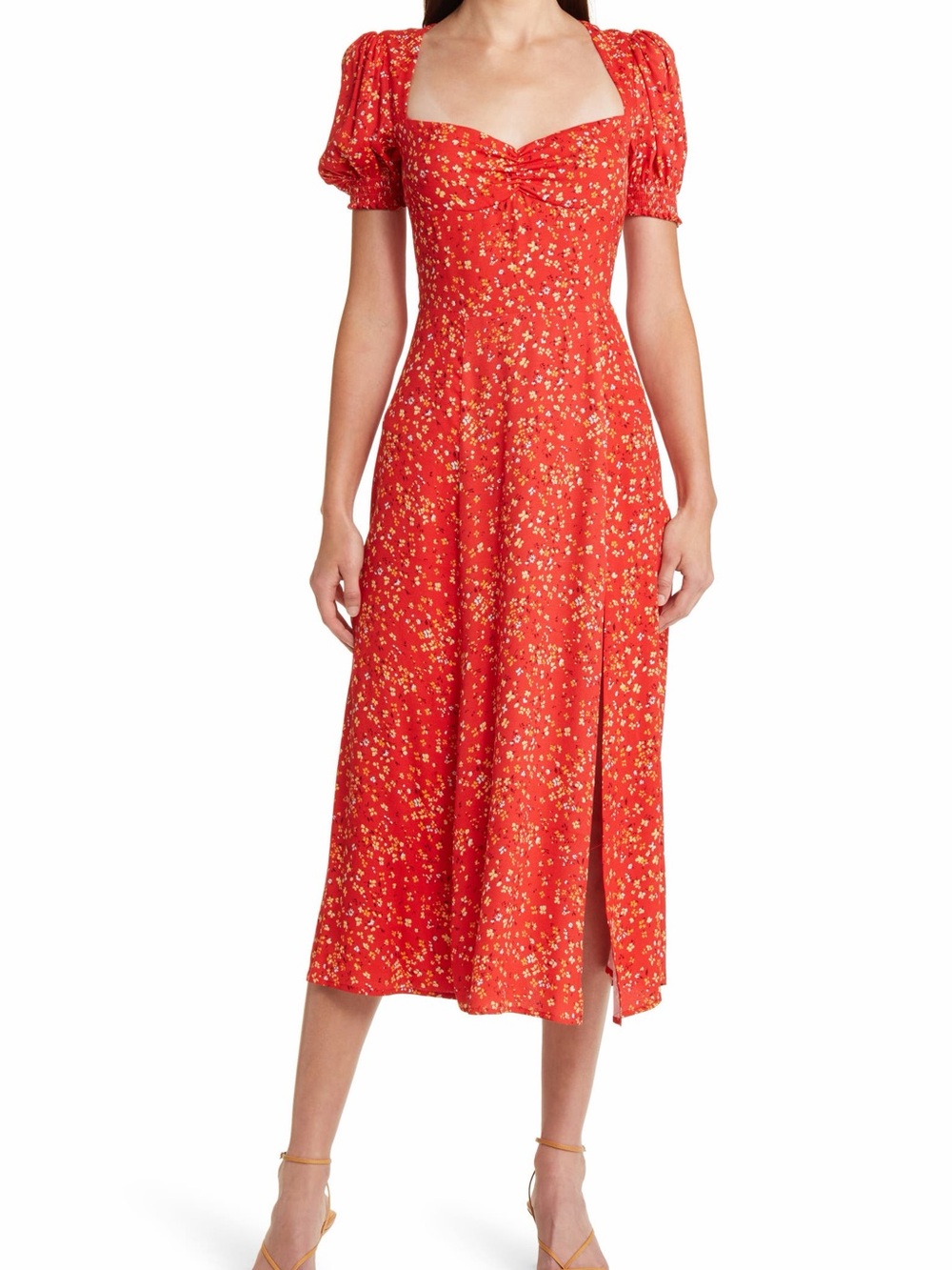 Reformation Red Floral Midi Dress with Puff Sleeves